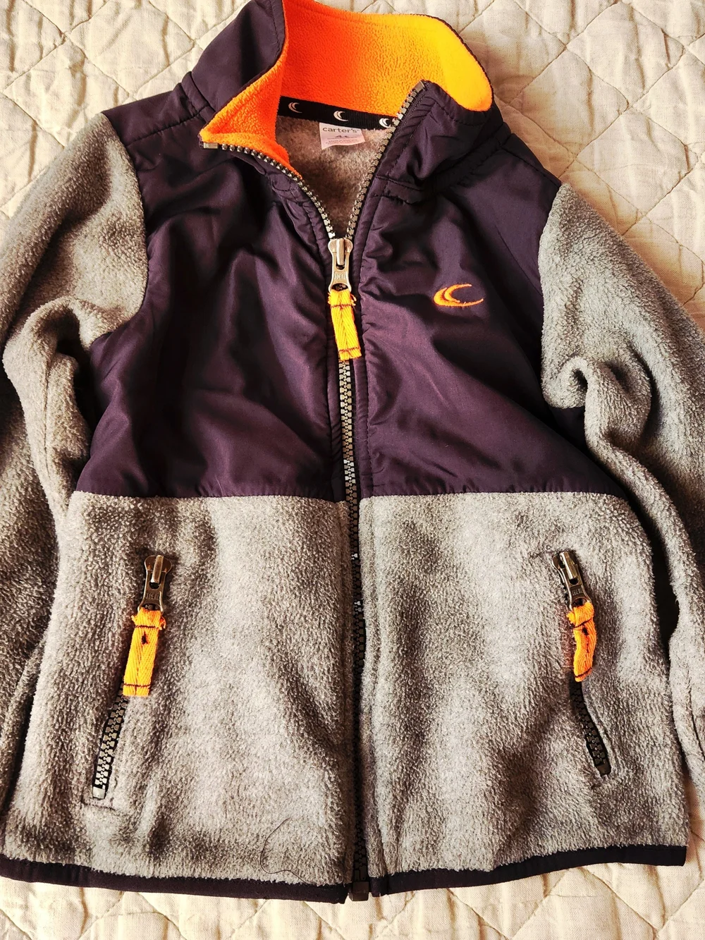 Carter's Gray and Navy Fleece Jacket with Bright Orange Accents